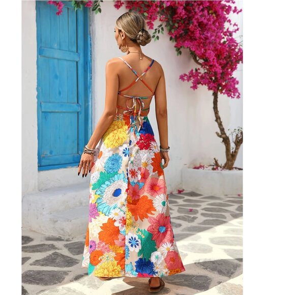 Multicolor Floral Flower Criss Cross Back Straps Maxi Dress - Picture 4 of 4